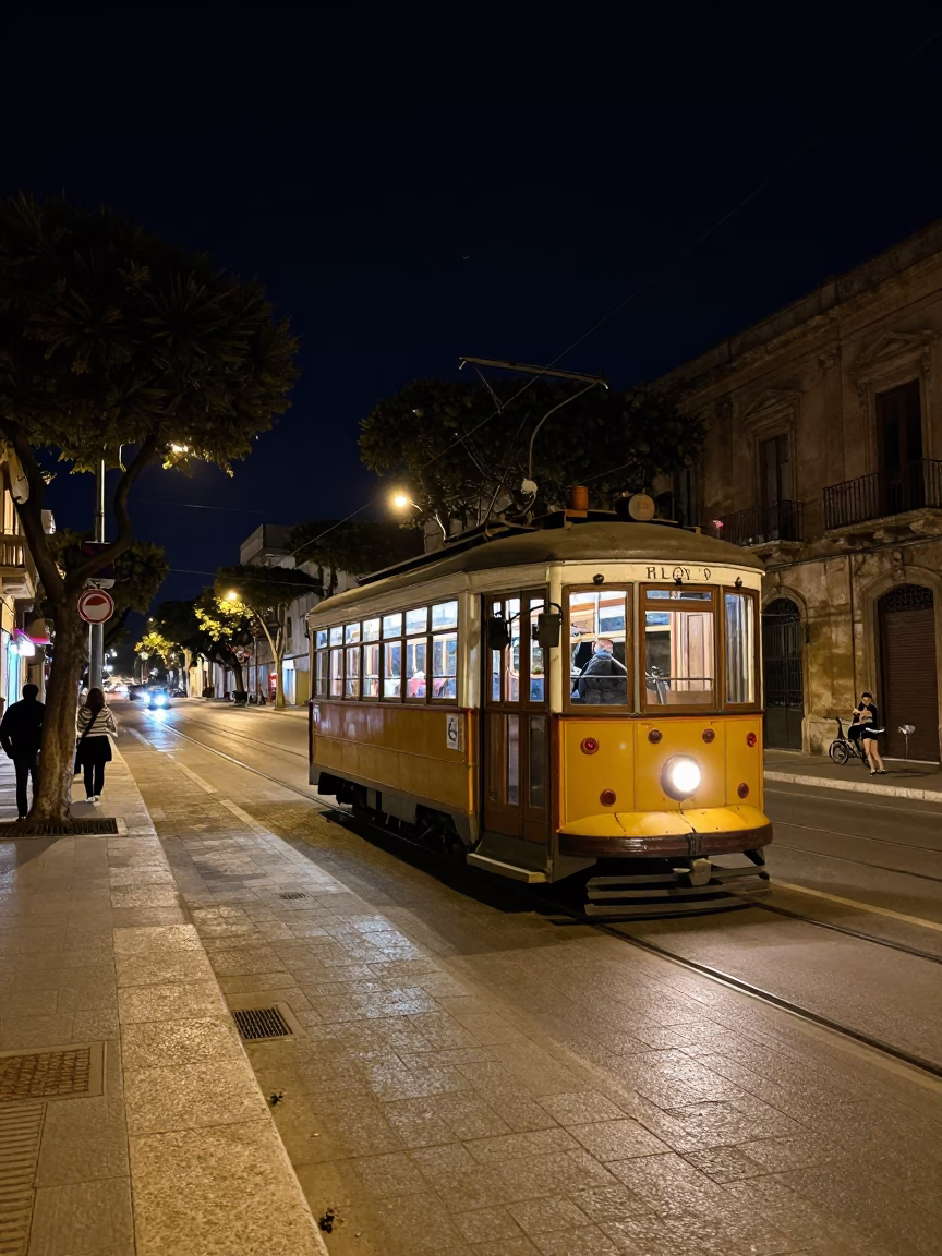 Late Night Palermo Street Scene with Tram and Local Dining in in Palermo, Italy