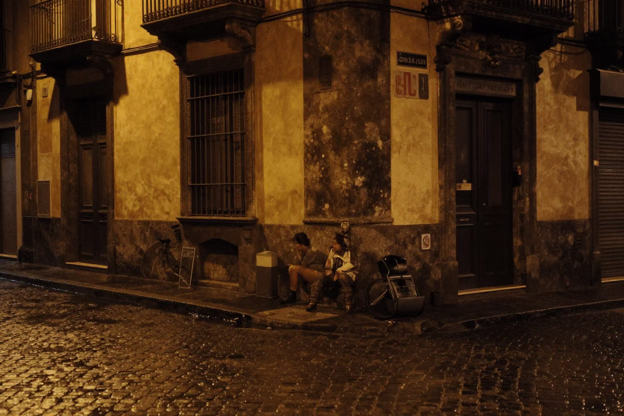 Late Night Palermo Street Scene with Vintage 1970s Aesthetic and Urban Details in in Palermo, Italy