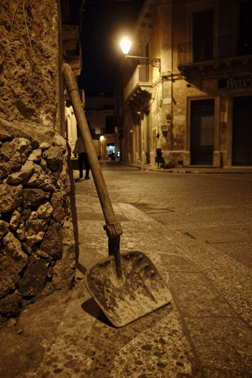 Late Night Palermo Street Scene with Vintage Boot Scraper and Urban Details in in Palermo, Italy