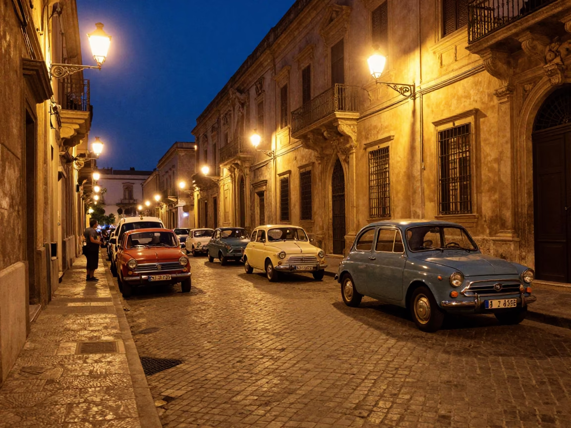 Late Night Palermo Street Scene with Vintage Car Rally and Adjustable Spanner in in Palermo, Italy