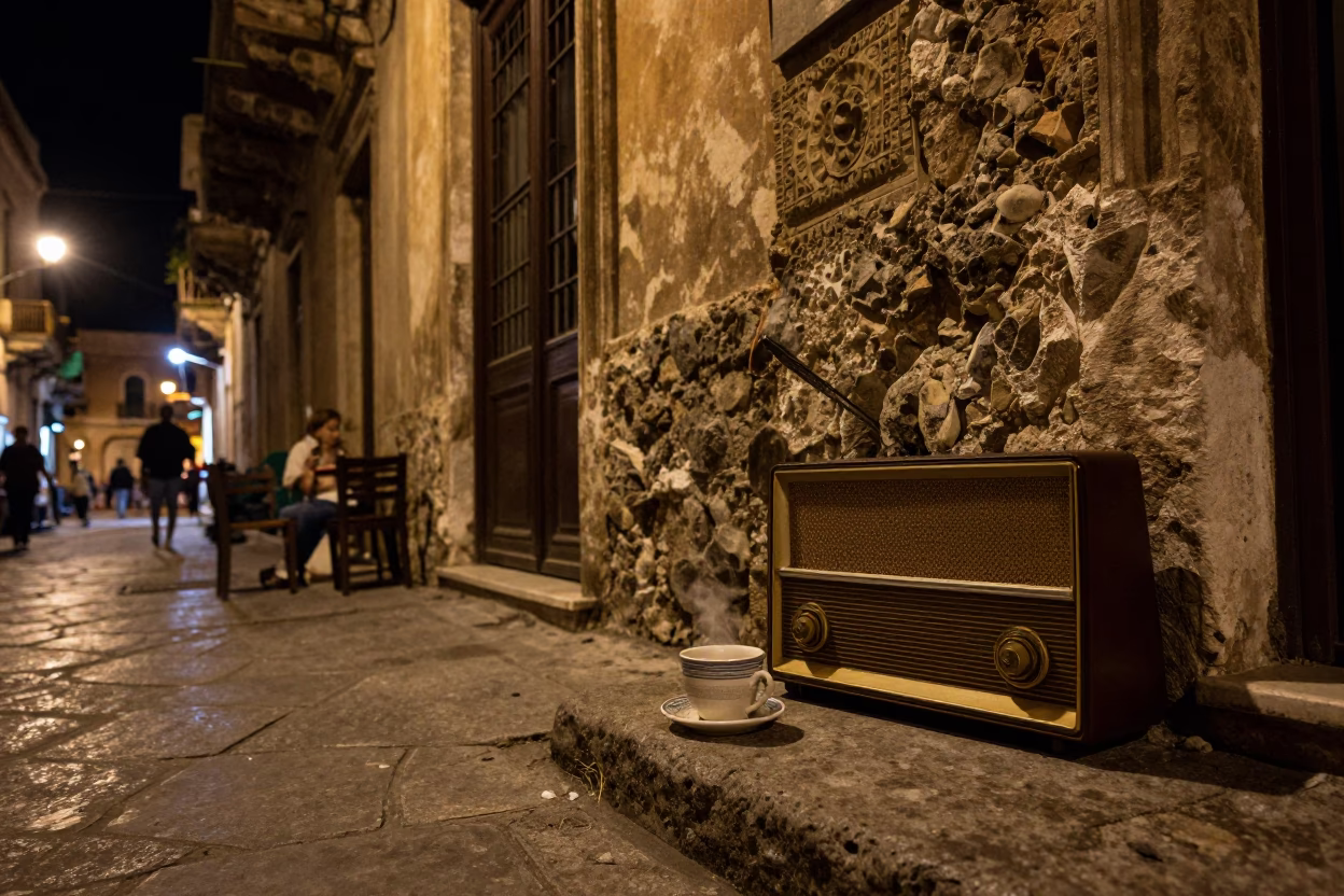 Late Night Palermo Street Scene with Vintage Radio and Ceramic Cup in in Palermo, Italy