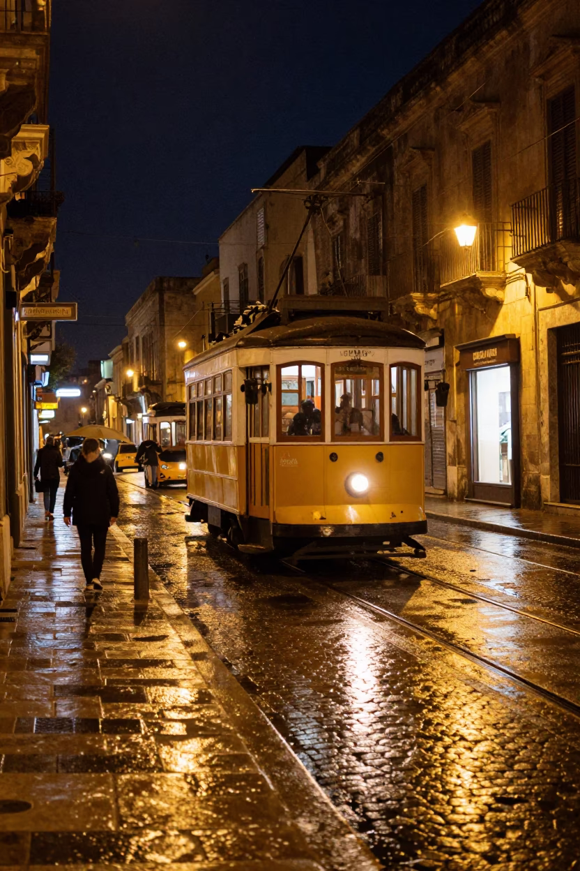 Late Night Palermo Street Scene with Vintage Tram and Rain-Slicked Cobblestones in in Palermo, Italy
