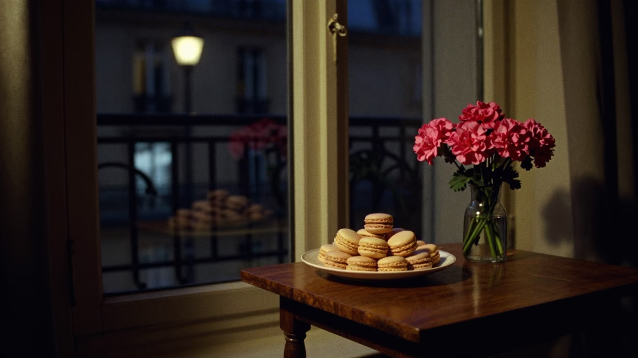 Late Night Paris Apartment Interior with Macarons and Geraniums by Window in in Paris, France
