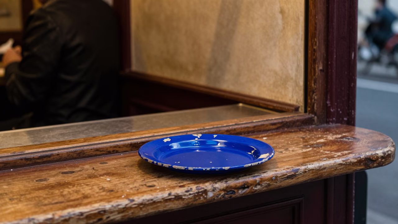 Late Night Paris Cafe Counter with Chipped Blue Enamel and Tea Stains in in Paris, France
