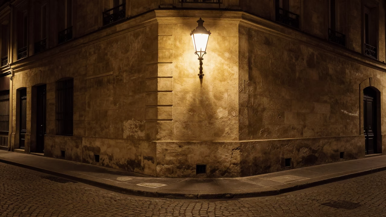 Late Night Paris Street Corner with Vintage Wall Sconce Illuminating Cobblestone Alley in in Paris, France