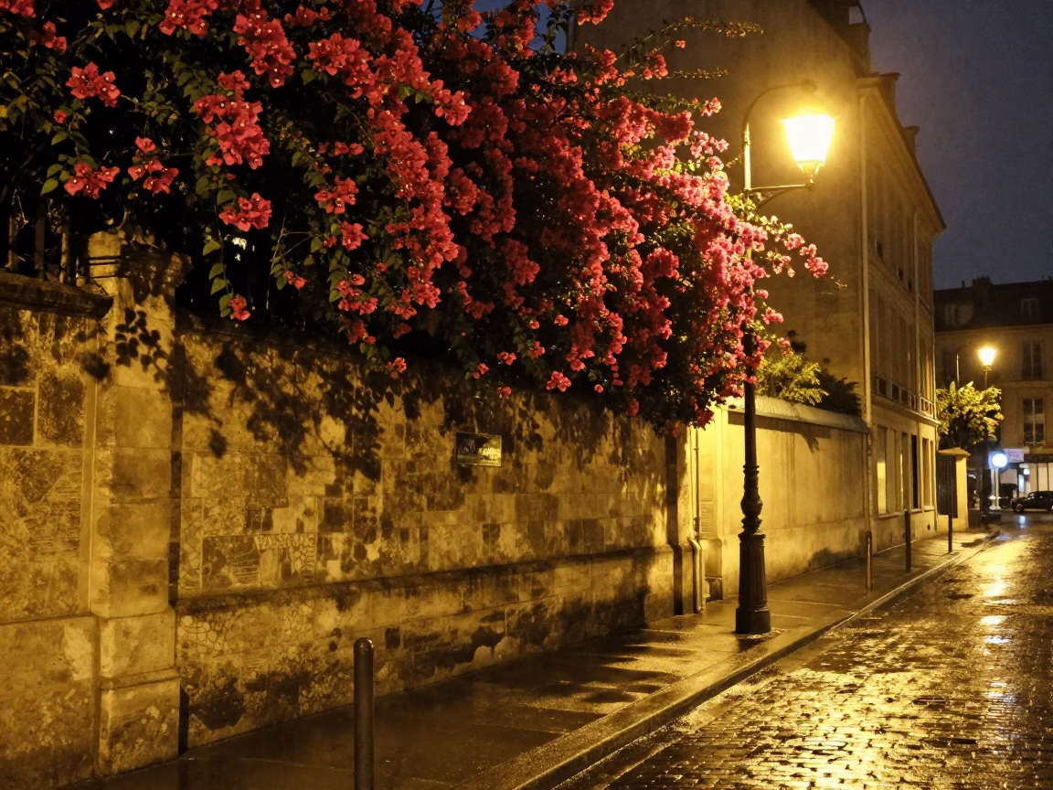 Late Night Paris Street Scene with Bougainvillea and Wet Cobblestones in in Paris, France