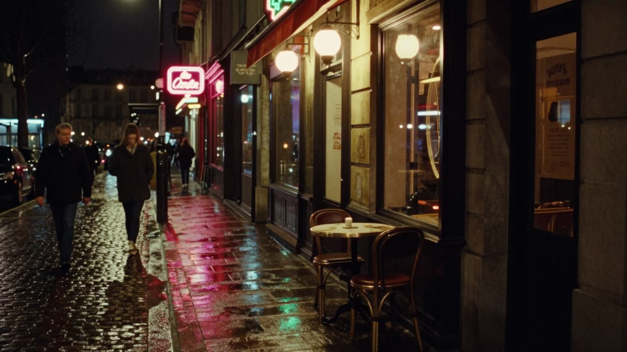 Late Night Paris Street Scene with Candlesticks and Urban Ambiance in in Paris, France