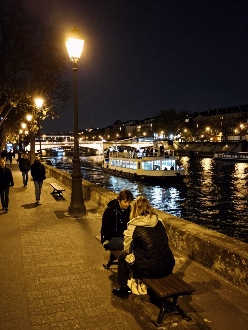 Late Night Paris Street Scene with Chain Ferry and Tea Kettles in in Paris, France