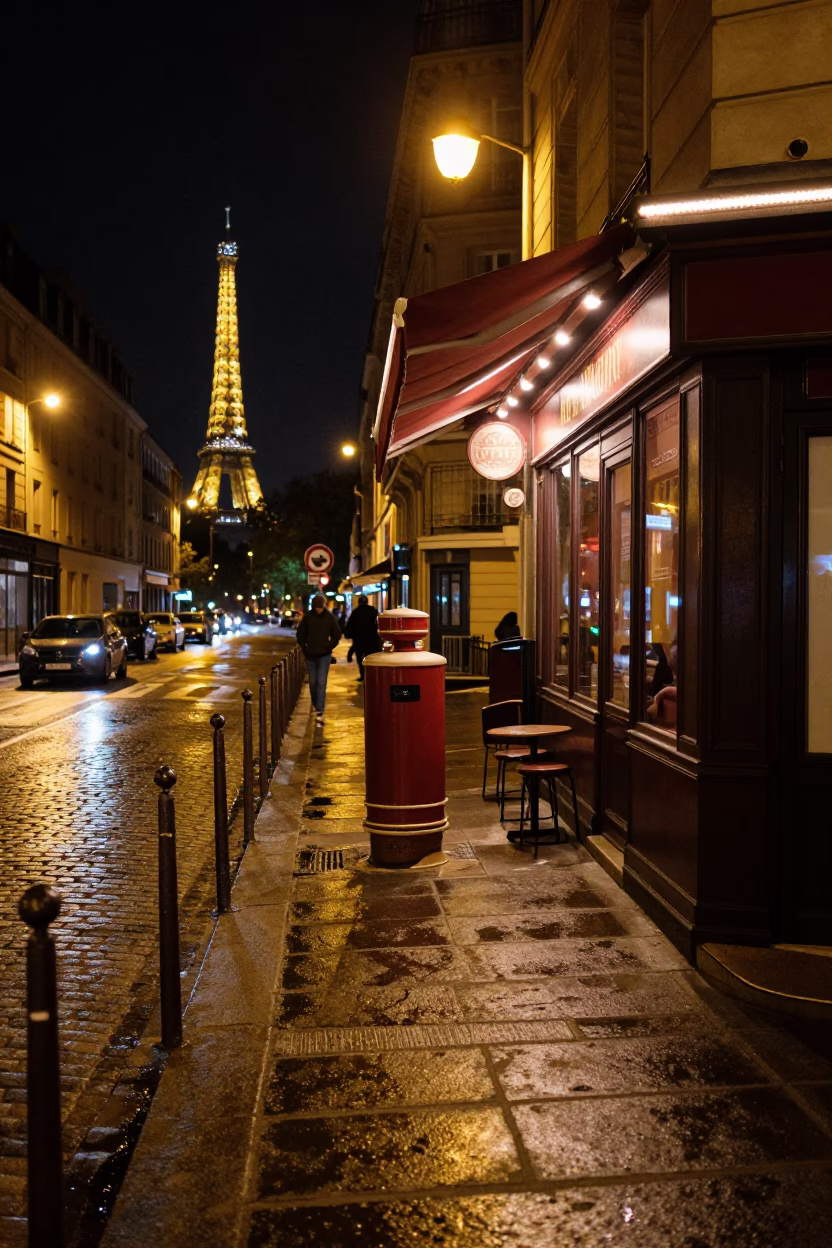 Late Night Paris Street Scene with Coaster and Turnbuckle Detail in in Paris, France