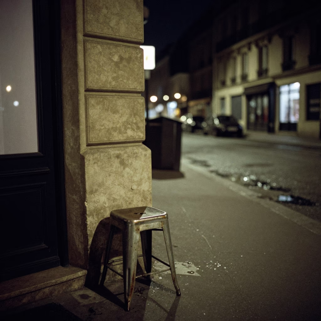 Late Night Paris Street Scene with Grease Sheen on Stool and Bottle Near Geraniums in in Paris, France