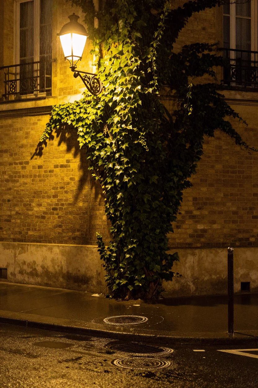 Late Night Paris Street Scene with Ivy Brick Wall and Wet Drain in in Paris, France