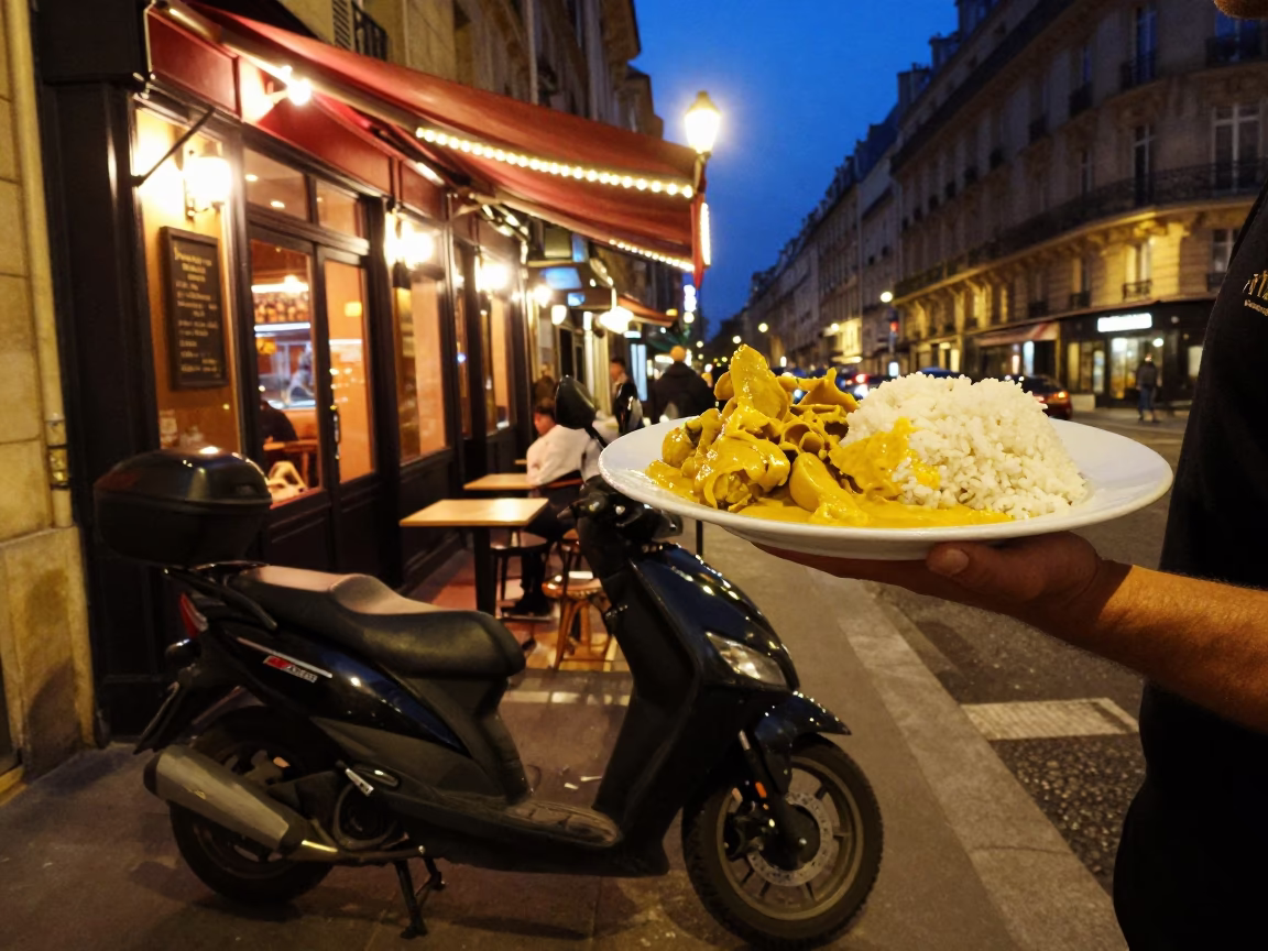 Late Night Paris Street Scene with Motorcycle and Urban Nightlife Elements in in Paris, France
