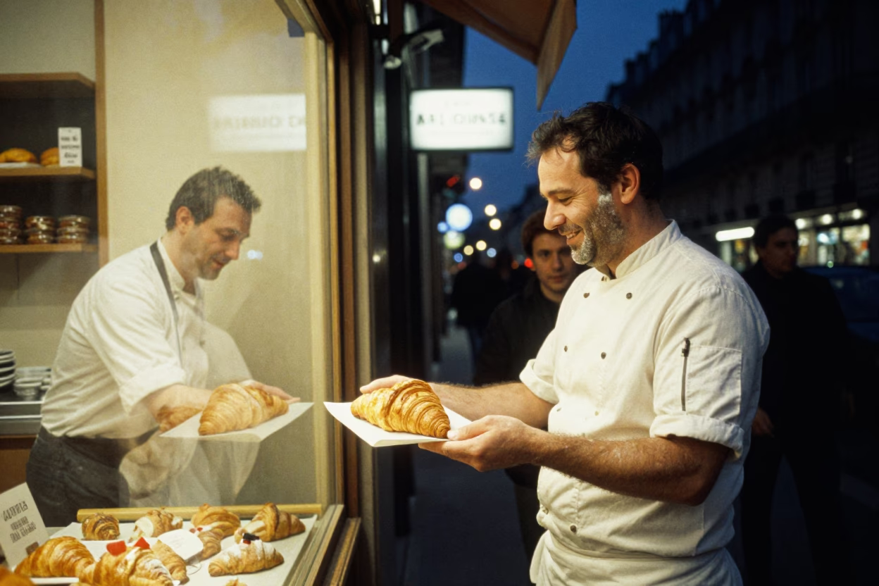 Late Night Paris Street Scene with Pastry Chef and Flour Dusted Counter in in Paris, France