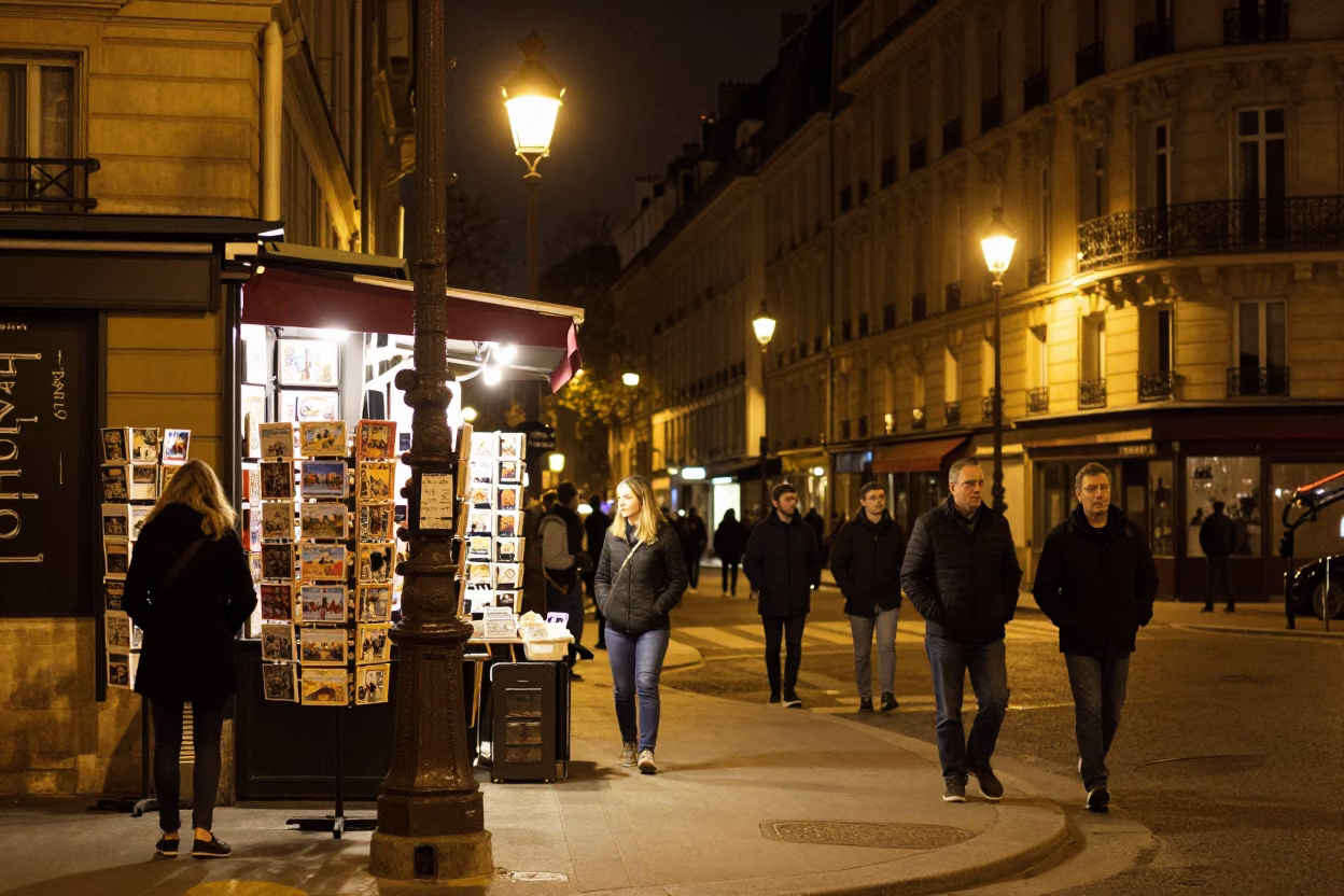 Late Night Paris Street Scene with Postcards and Urban Life in in Paris, France