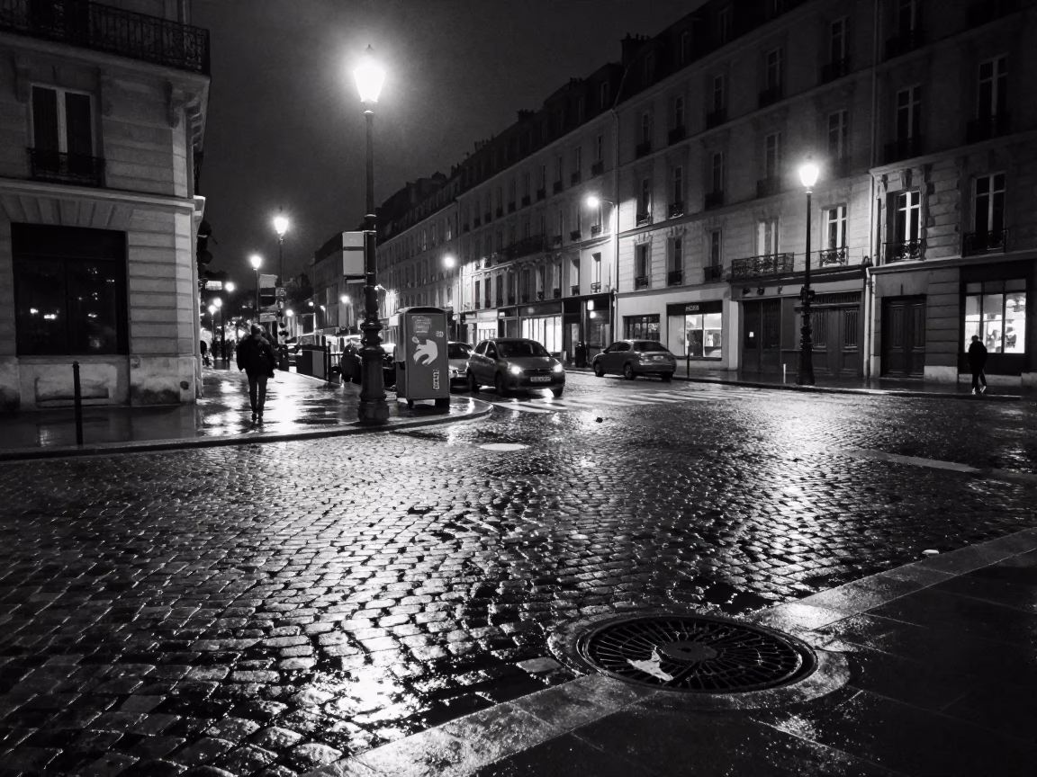 Late Night Paris Street Scene with Storm Drain Outflow and Swollen River in in Paris, France