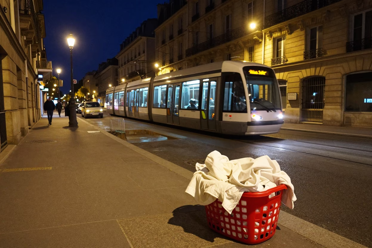 Late Night Paris Street Scene with Tram on Steep Hill and Laundry Basket in in Paris, France