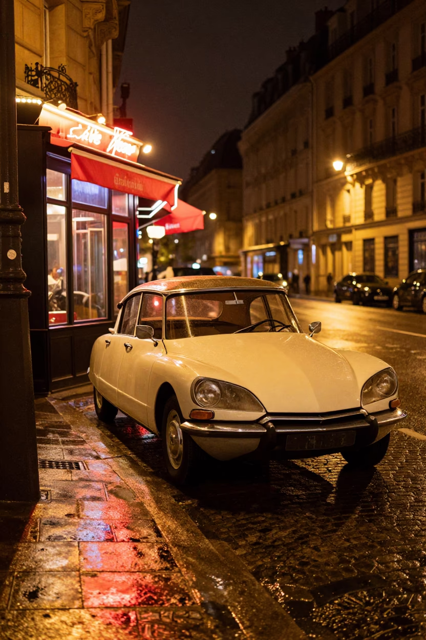Late Night Paris Street Scene with Vintage Car and Urban Details in in Paris, France