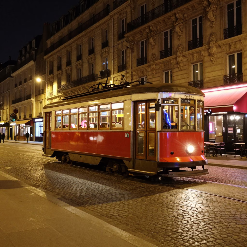 Late Night Paris Street Scene with Vintage Tram and Art Nouveau Facade Illumination in in Paris, France