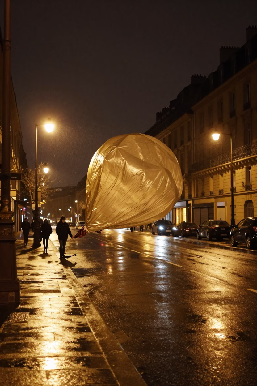 Late Night Paris Street Scene with Weather Balloon Launch Tarp Snapping Over Wet Asphalt in in Paris, France