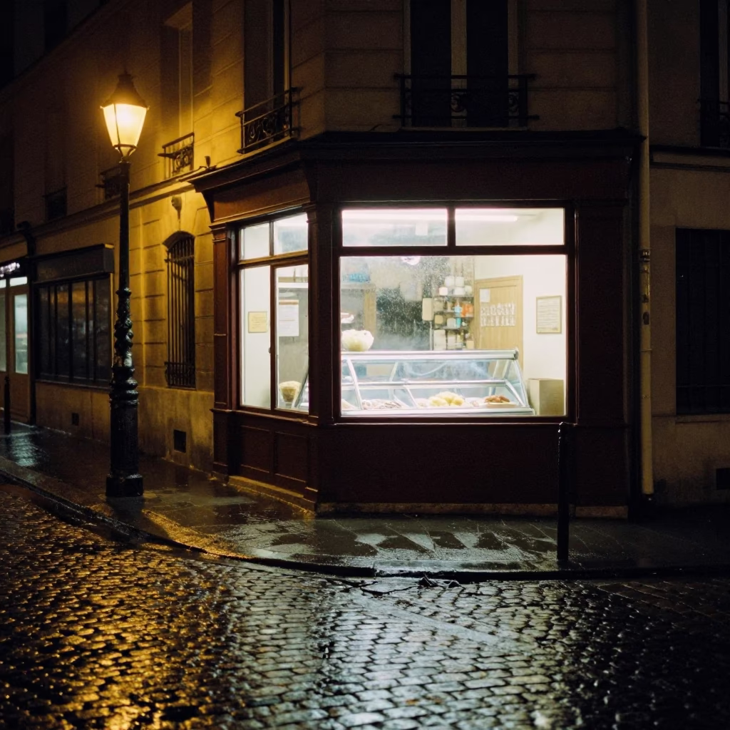 Late Night Paris Street Scene with Wet Cobblestones and Dimly Lit Shop Fronts in in Paris, France