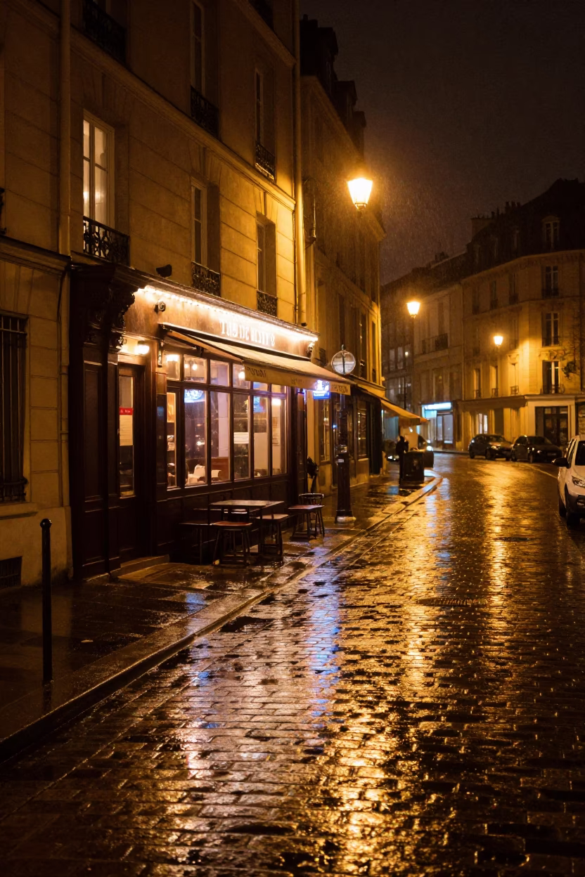 Late Night Paris Street Scene with Window Light and Cameo Pin Reflections in in Paris, France