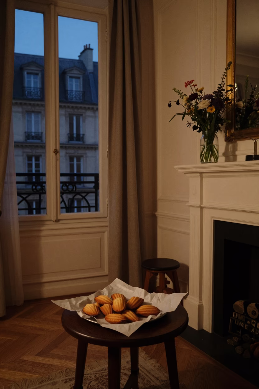 Late Night Parisian Apartment Interior with Vintage Decor and Curious Dishes in in Paris, France