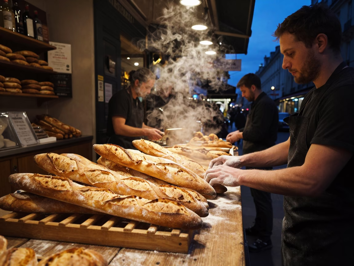 Late Night Parisian Bakery with Baguettes and Steam Haze in in Paris, France