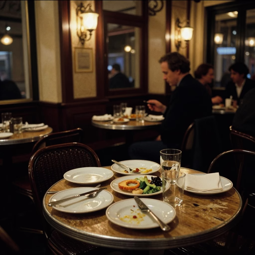 Late Night Parisian Cafe Interior with Empty Plates and Water Rings on Wooden Table in in Paris, France