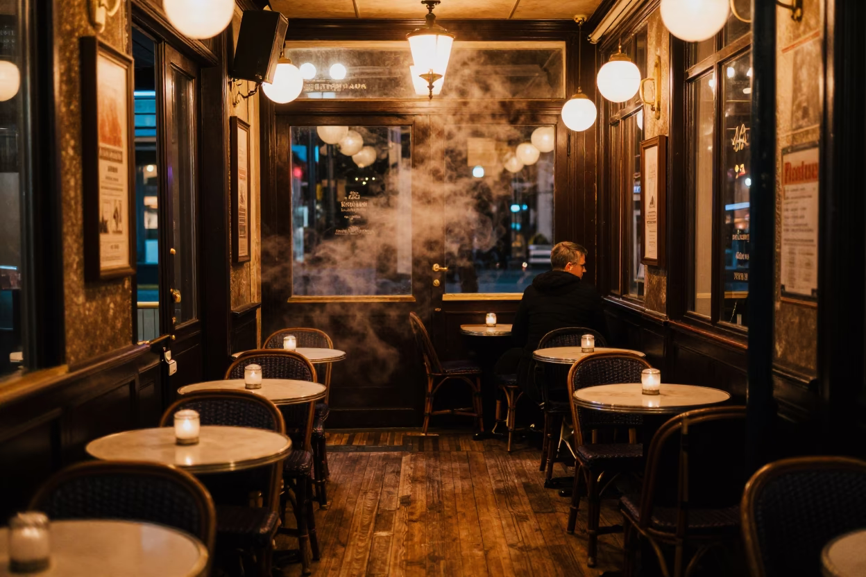 Late Night Parisian Cafe Interior with Steam Haze and Bar Stools in in Paris, France