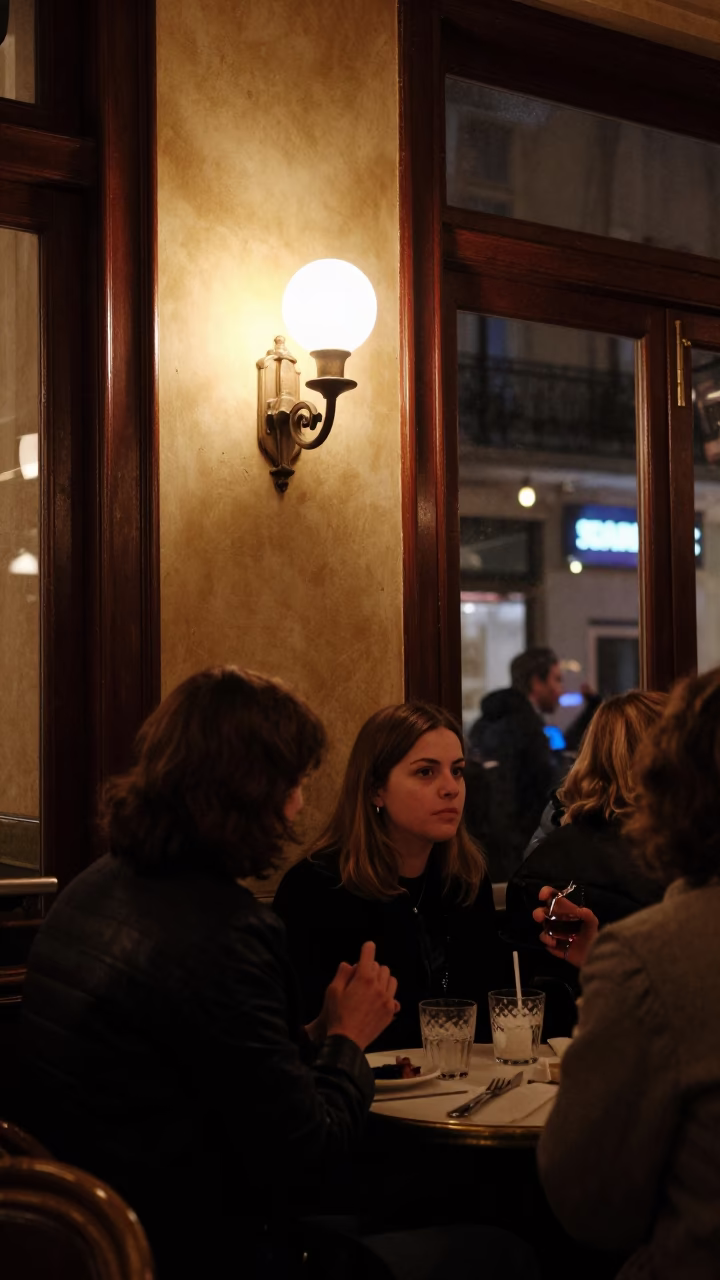 Late Night Parisian Cafe Interior with Wall Sconce and Busy Evening Crowd in in Paris, France
