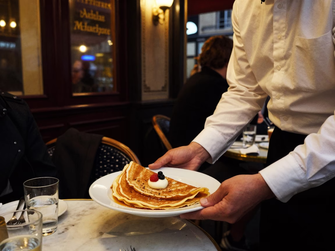 Late Night Parisian Cafe Scene with Crepes Suzette and Orange Flame in Deep Night in in Paris, France