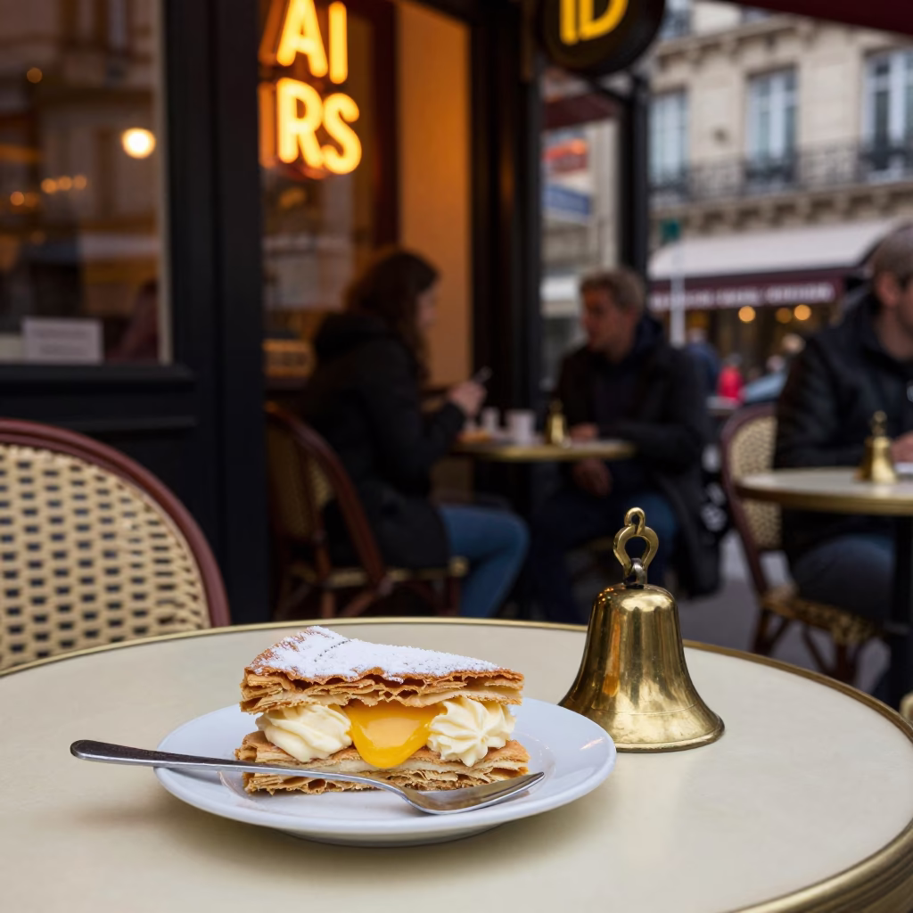 Late Night Parisian Cafe Table with Brass Bell and Mille-Feuille Dessert in in Paris, France
