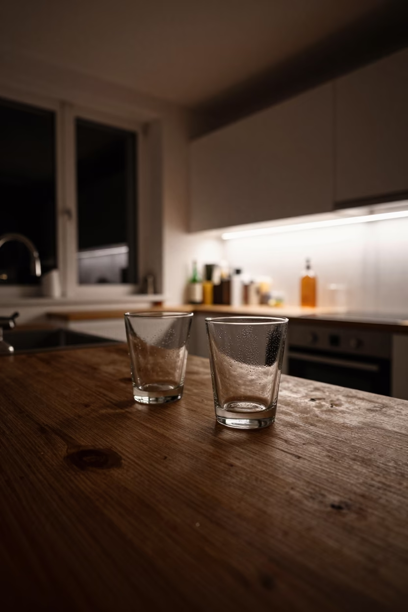 Late Night Parisian Kitchen Counter with Glass Tumblers and Rain Streaks in in Paris, France