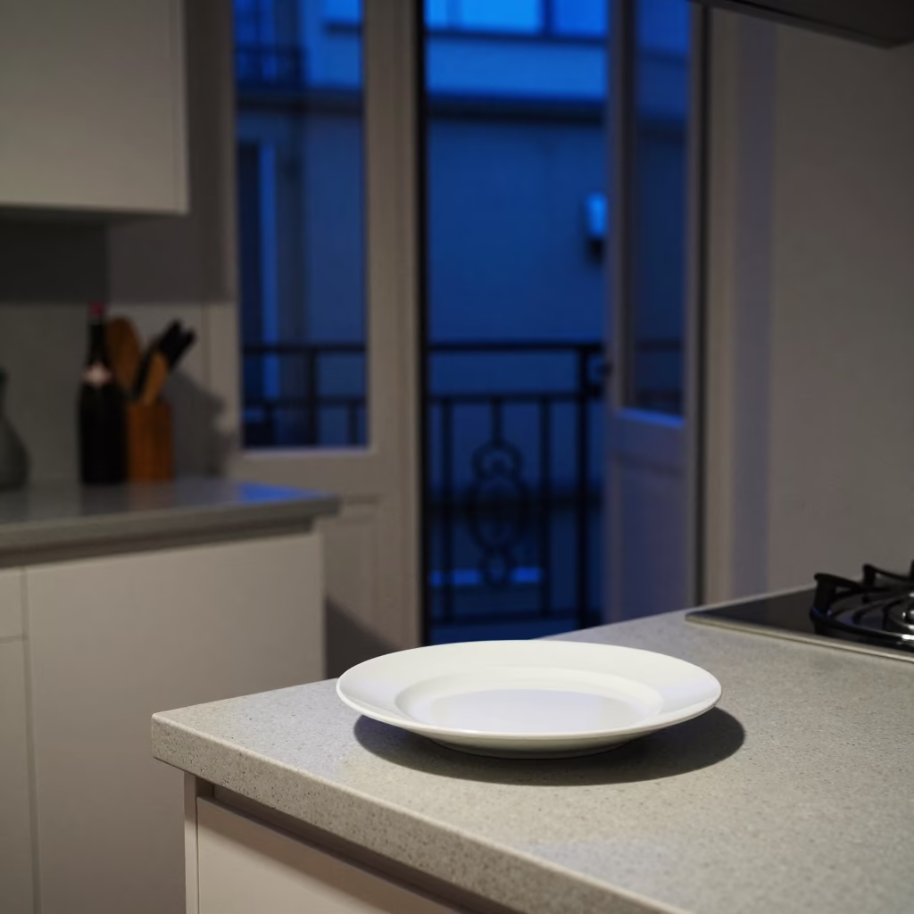 Late Night Parisian Kitchen Scene with Blue and White Porcelain Plate and Apples in in Paris, France
