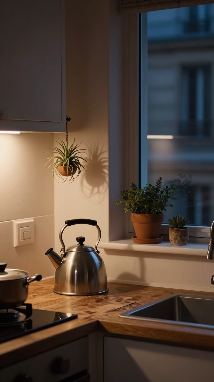 Late Night Parisian Kitchen Scene with Kettle and Hanging Air Plant in in Paris, France