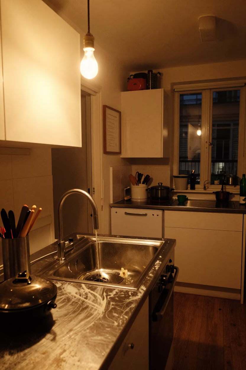 Late Night Parisian Kitchen Scene with Soap Residue and Colander at Dusk in in Paris, France