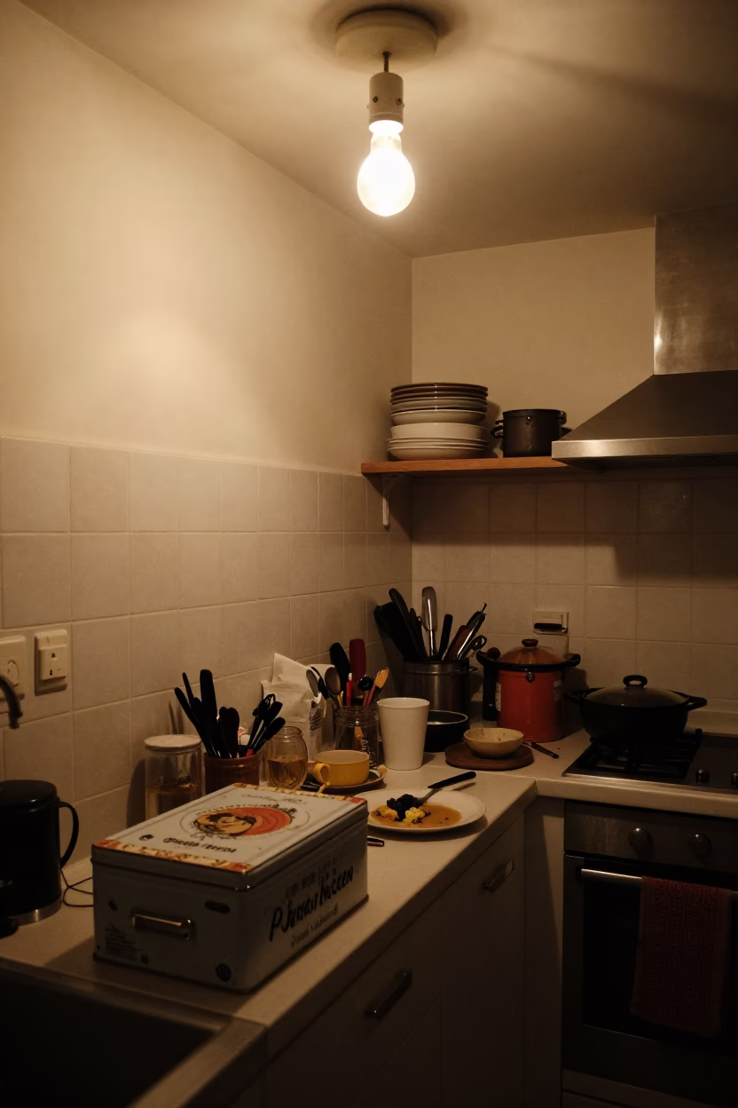 Late Night Parisian Kitchen with Tin Box and Leaf Shadows in in Paris, France