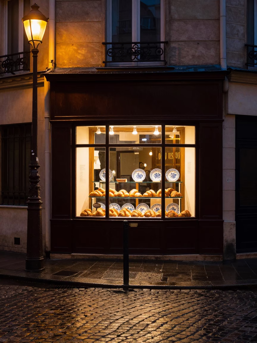 Late Night Parisian Street Corner With Glowing Shop Window Display in in Paris, France