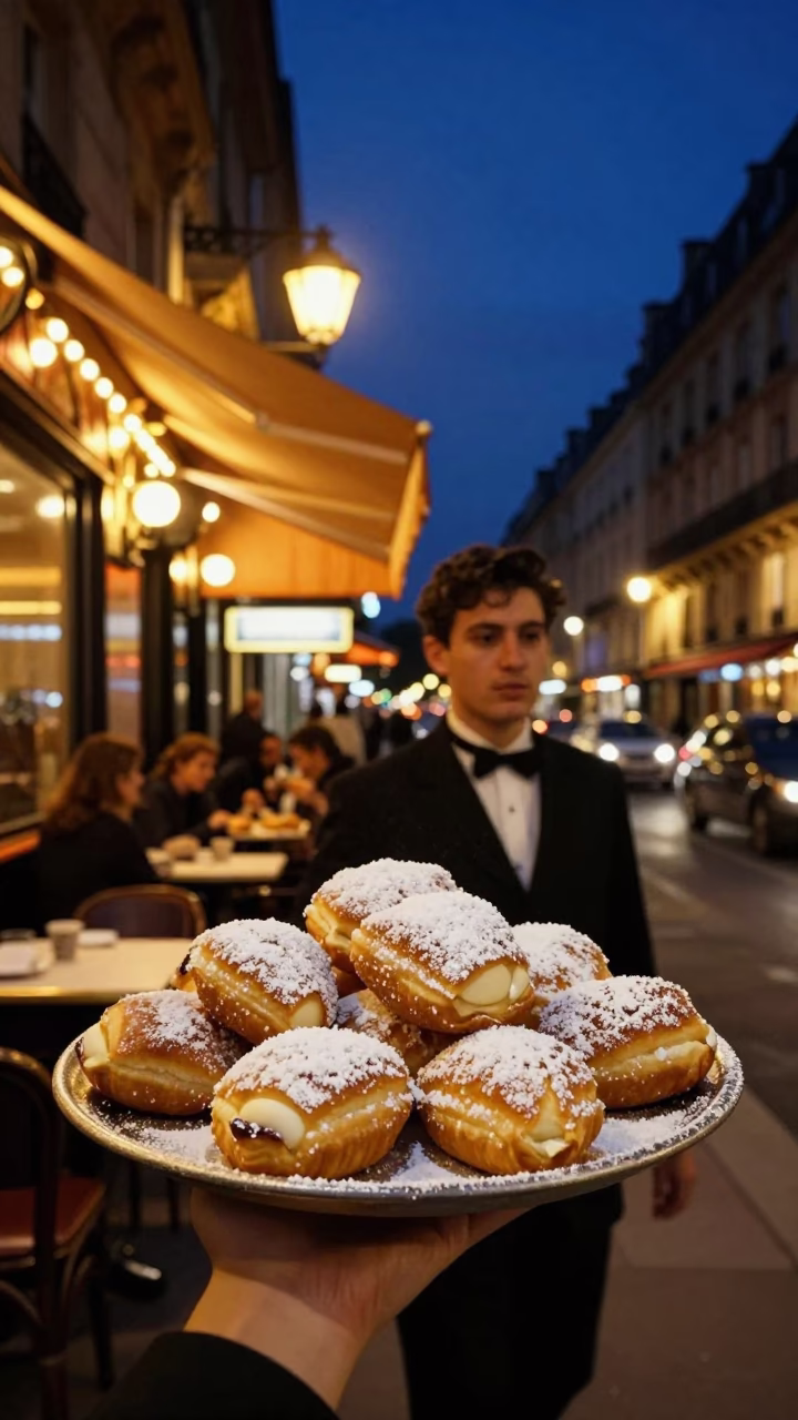 Late Night Parisian Street Scene with Beignets and Powdered Sugar Under Deep Night Sky in in Paris, France