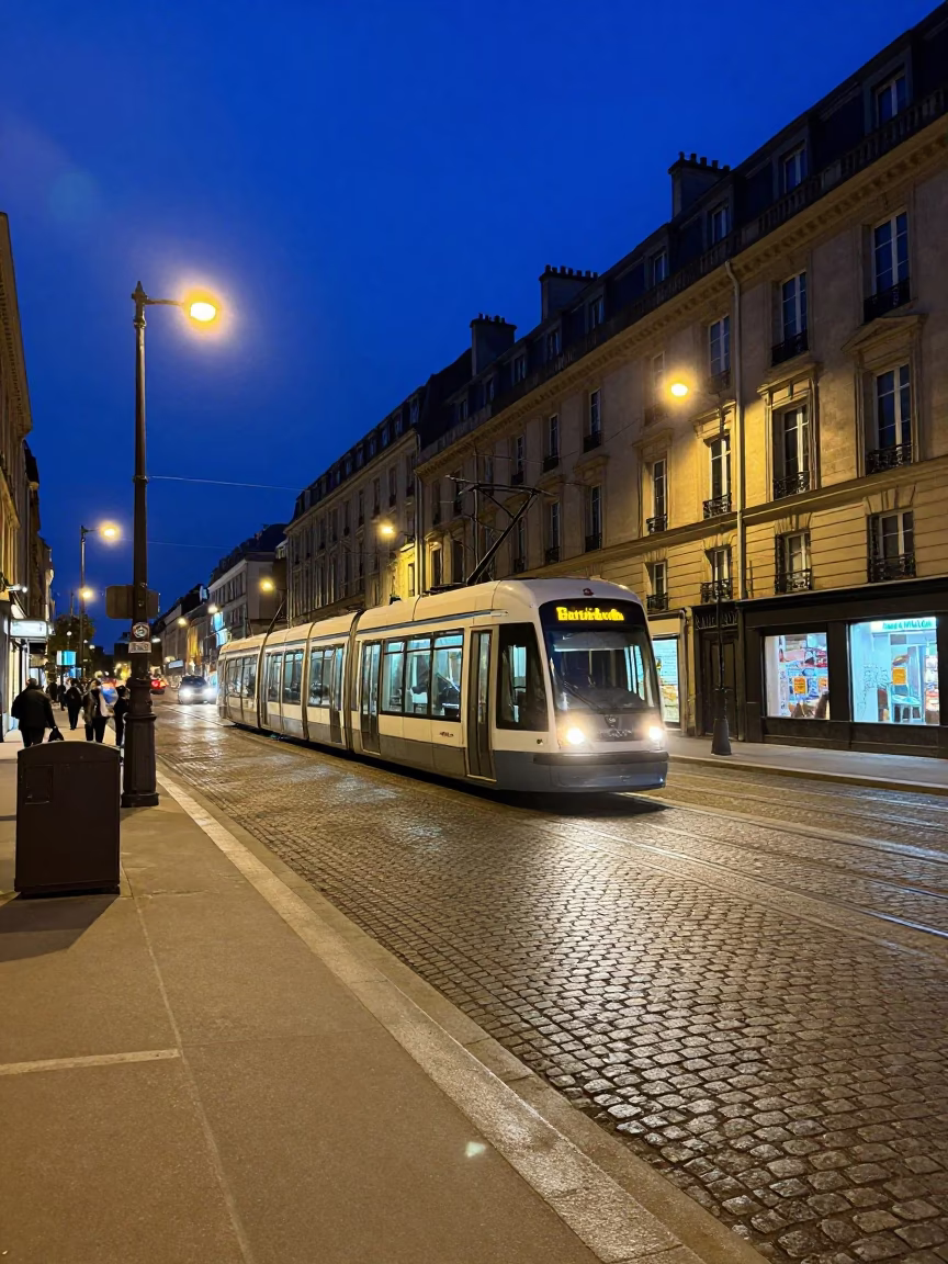 Late Night Parisian Street Scene With Tram And Urban Details in in Paris, France
