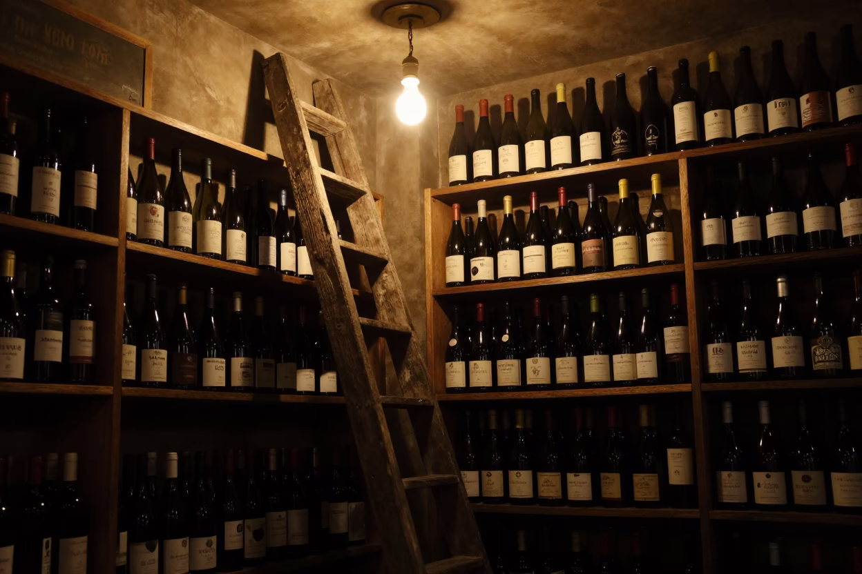 Late Night Parisian Wine Shop Interior with Ladder and Bottle Notes in in Paris, France