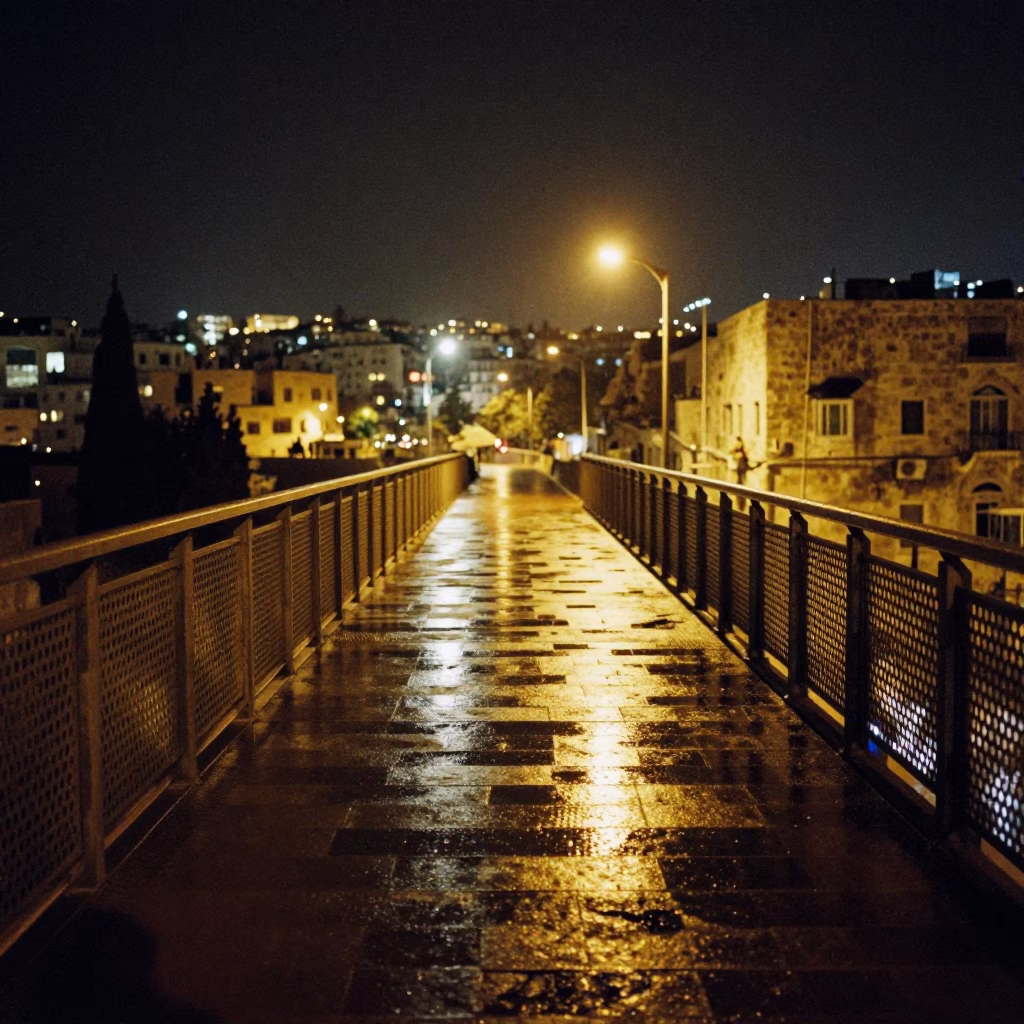 Late Night Pedestrian Overpass in Amman Jordan With Wet Footsteps and Perforated Metal in in Amman, Jordan