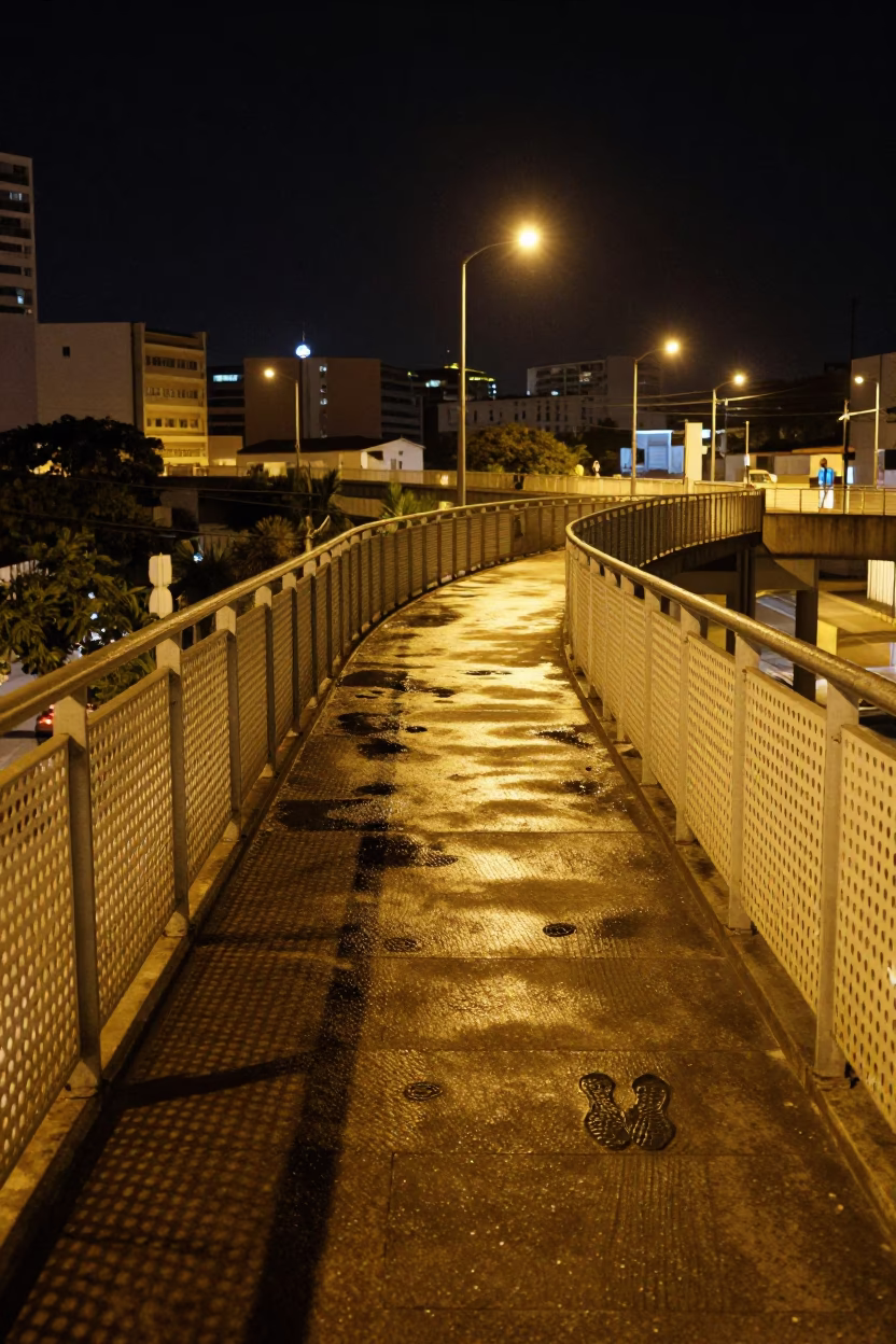 Late Night Pedestrian Overpass in Salvador Brazil with Wet Footsteps and Perforated Metal Railings in in Salvador, Brazil