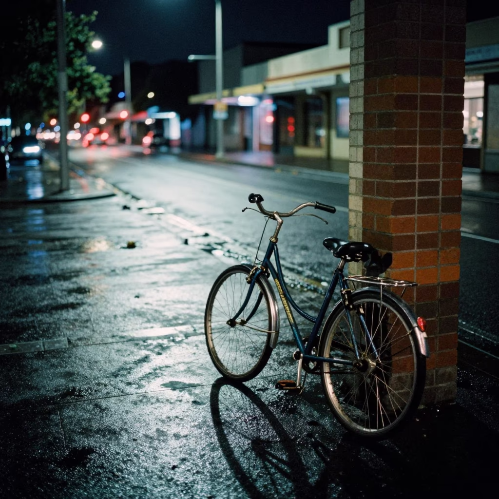 Late Night Perth Street Scene with Bicycle and Glass Doorframe Reflections in in Perth, Western Australia, Australia