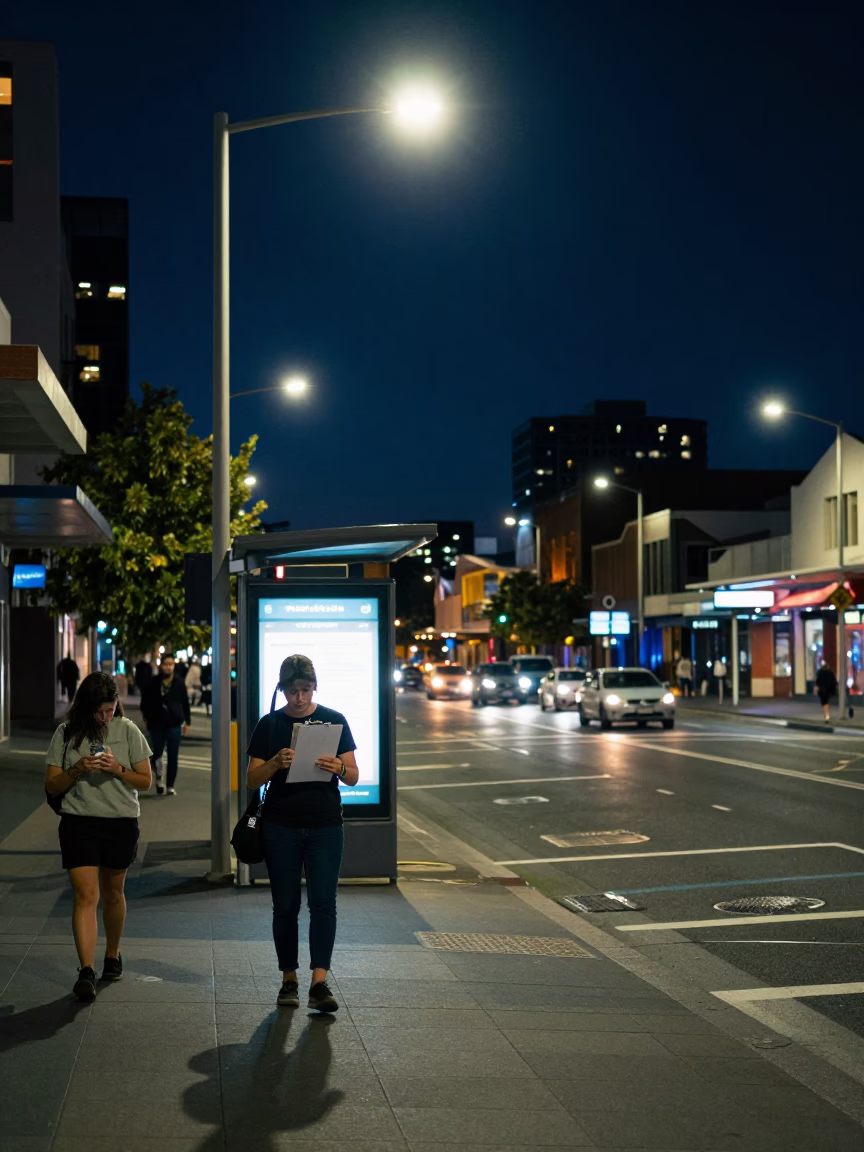 Late Night Perth Street Scene with Clipboard and Glass Cabinet Interior in in Perth, Western Australia, Australia