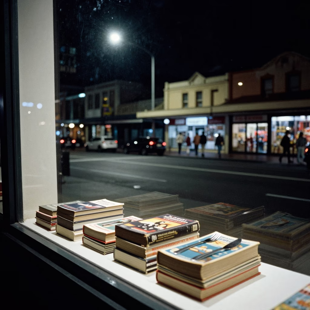 Late Night Perth Street Scene with Cutlery and Cookbooks in Window Display in in Perth, Western Australia, Australia