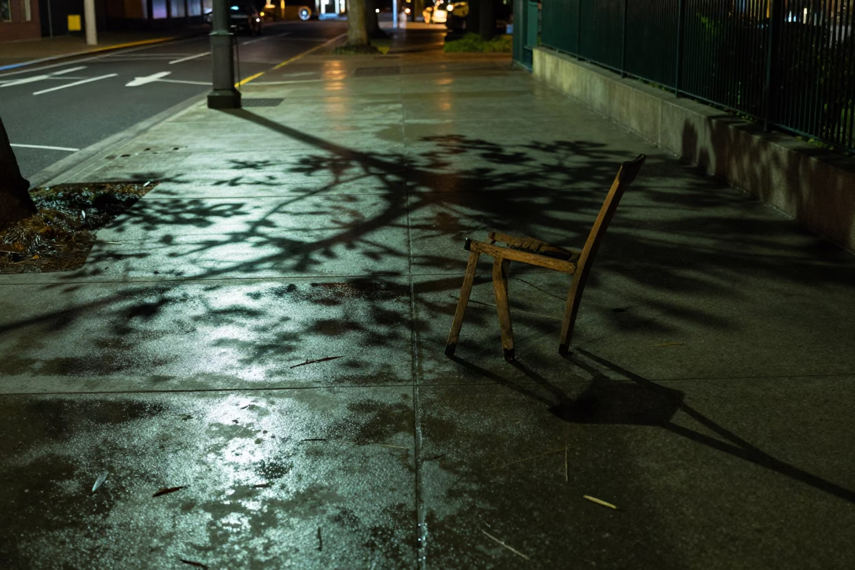 Late Night Perth Street Scene with Leaf Shadows and Adjustable Spanner on Concrete in in Perth, Western Australia, Australia