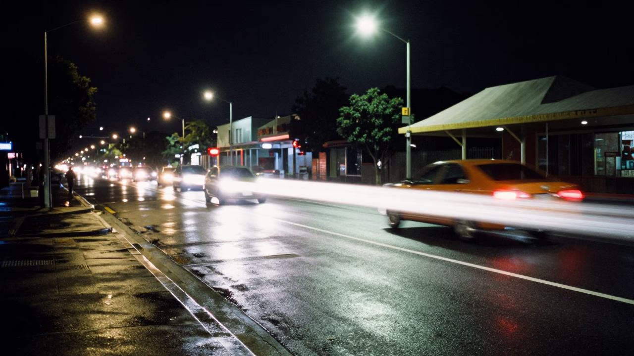 Late Night Perth Street Scene with Long Exposure Car Headlight Trails and Urban Concrete in in Perth, Western Australia, Australia