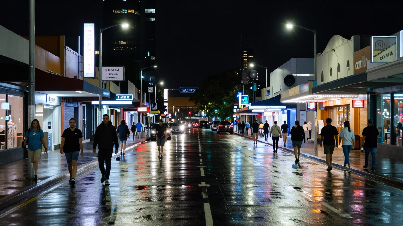 Late Night Perth Street Scene with Neon Reflections and Busy Urban Atmosphere in in Perth, Western Australia, Australia