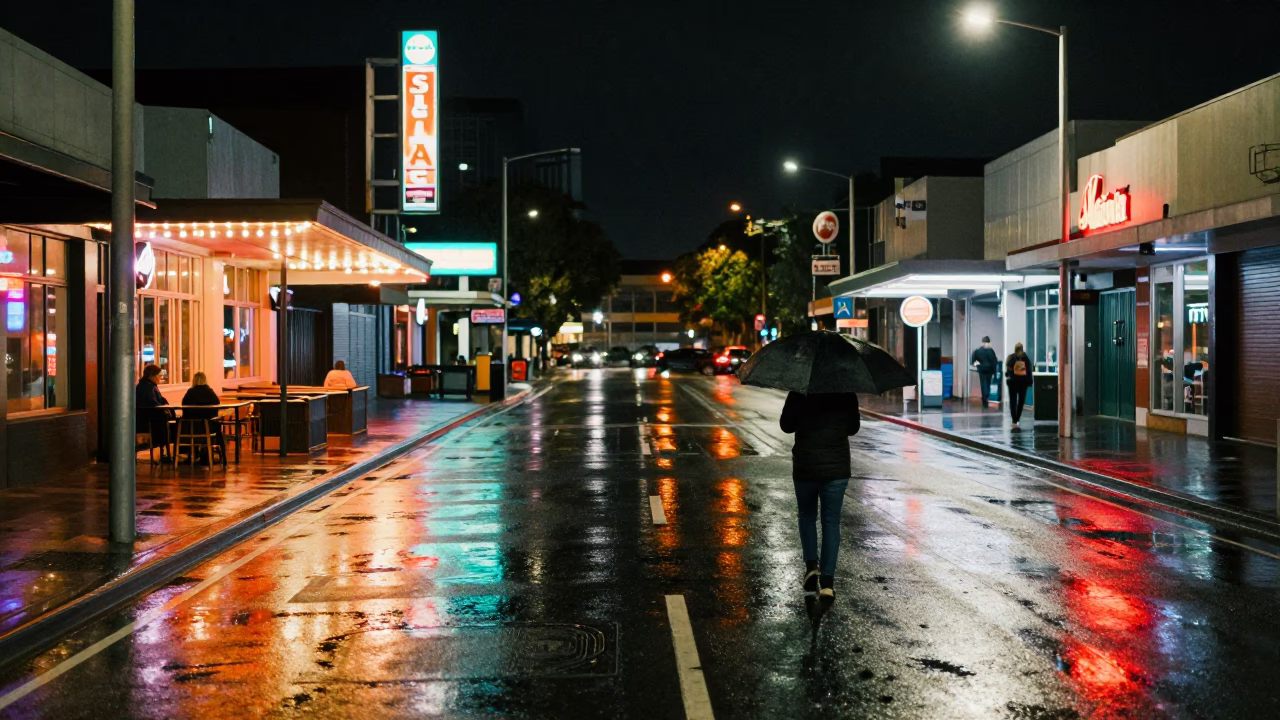 Late Night Perth Street Scene with Neon Reflections and Urban Activity in in Perth, Western Australia, Australia